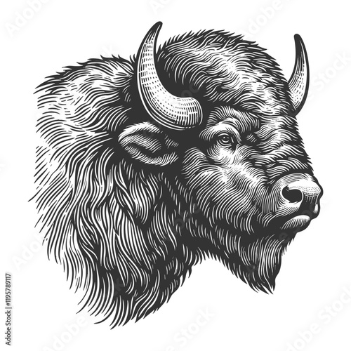 bison head with bold horns, textured fur, and striking details, symbolizing strength and wilderness sketch engraving generative ai vector illustration. Scratch board imitation. Black and white image.