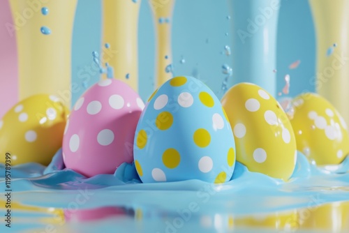 Colorful Easter eggs with polka dots, 3D rendering of an Easter egg background, colorful Easter eggs in a water splash on a pastel blue and yellow background