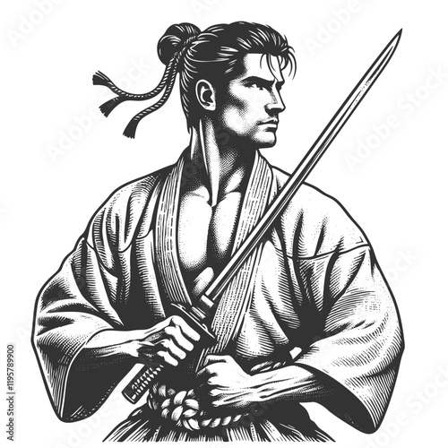 Bushido muscular samurai with katana, showcasing traditional Japanese warrior art sketch engraving generative ai fictional character vector illustration. Scratch board imitation. Black and white image