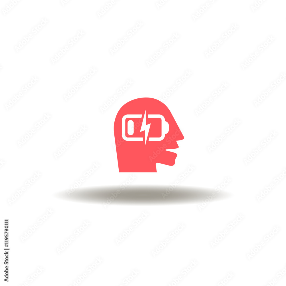 Fototapeta premium Vector illustration of head with low battery. Symbol of overwork and burnout. Icon of tired person, fatigue. Pictogram of worker low energy.