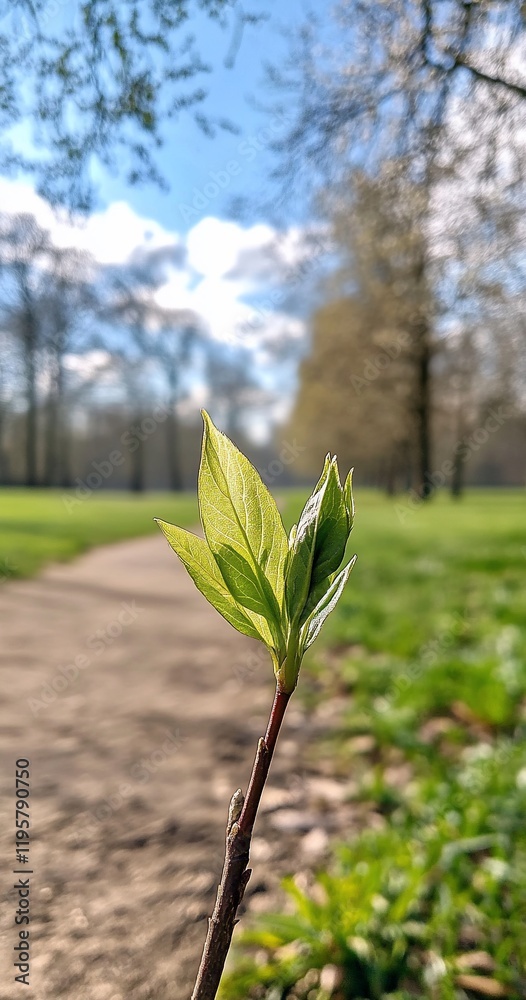 New leaves sprout on path, spring park New leaves sprout on path, spring park