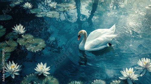 Fototapeta Naklejka Na Ścianę i Meble -  Serene white swan gracefully swimming in a pond surrounded by water lilies.