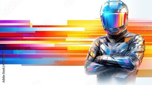 A man in a helmet stands in front of a colorful background. Concept of adventure and excitement, as the man is likely a race car driver or a motorcycle rider