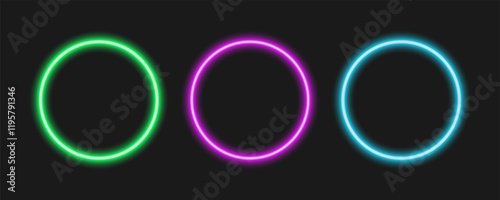 Modern neon light circles. Three vibrant neon circle frames on dark backdrop. Green pink blue glowing circular frames. Element for design
