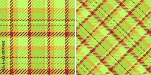 Vibrant lime green, orange, and maroon plaid patterns.  Perfect for textile design, fashion, web backgrounds, or any project needing a fresh, stylish texture.  Two seamless variations included.