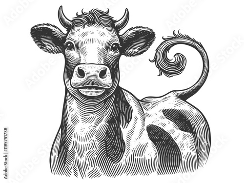 dairy cow with horns, spots, and a bell around its neck, symbolizing farm life and agriculture sketch engraving generative ai vector illustration. Scratch board imitation. Black and white image.
