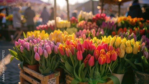 Vibrant tulip display at outdoor market stall on a sunny day