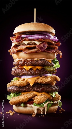 An outrageous close-up of an impossibly tall sandwich with countless layers stacked to excess, creating a visually jaw-dropping spectacle.