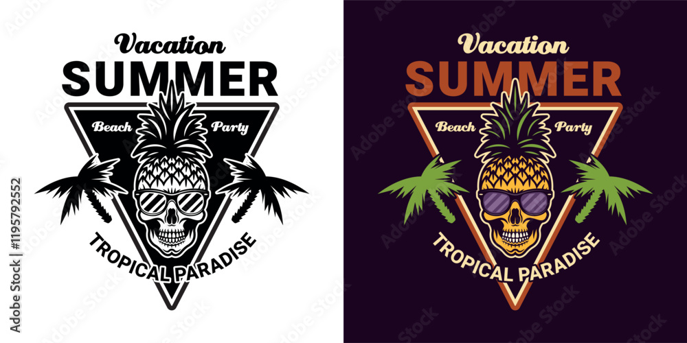 Naklejka premium Skull pineapple cartoon character, summer theme vector emblem in two styles, black on white and colorful