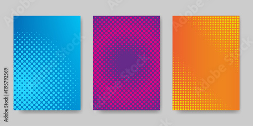 Set of vibrant halftone gradient covers in blue, orange, purple. Empty Colorful Dotted dynamic Backgrounds. Template for poster, banner, flyers, social media, modern design projects