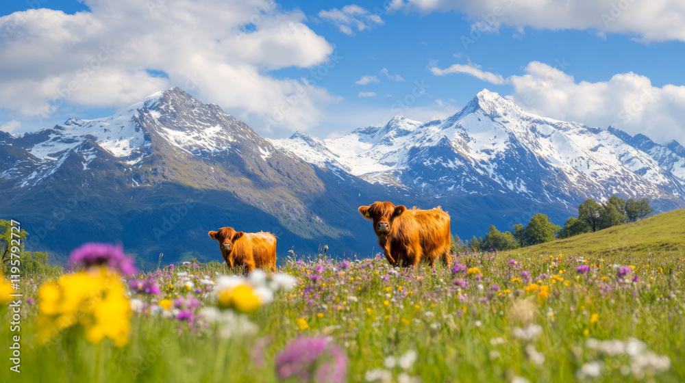 Fototapeta premium Cattle grazing in a vibrant meadow with snow-capped mountains in the background