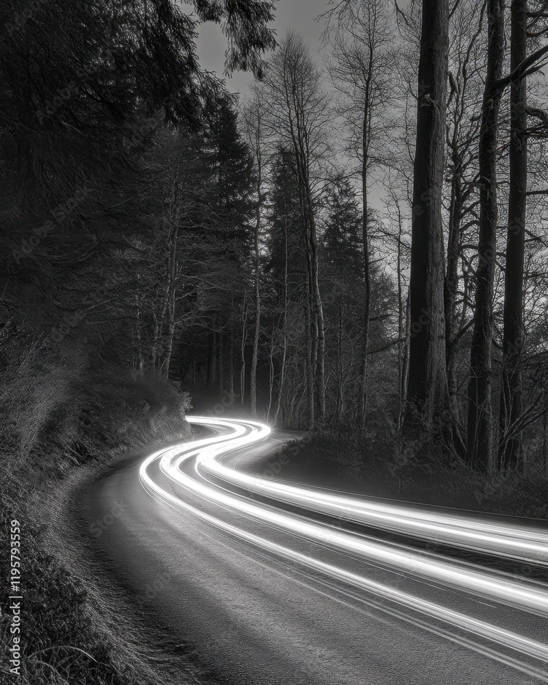 Fototapeta premium Winding Empty Road Through Forest Surrounded by Trees and Headlights Illuminating the Path at Dusk
