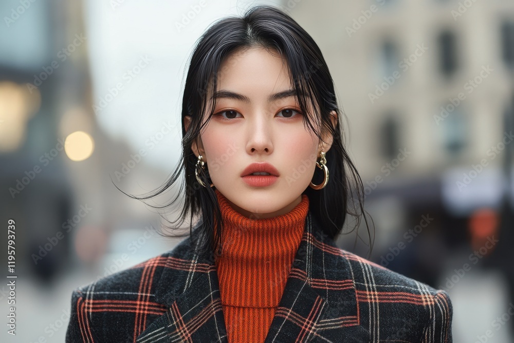 Modern Minimalist Outfit Showcase with Close-Up of a Model in Urban Setting, Highlighting Fashion and Style in a Contemporary Environment
