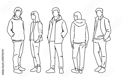 Silhouettes of men and women, group of standing  business people, profile, vector, hand draw, linear sketch, black and white color, isolated on white background