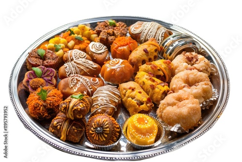 Diwali food   snacks   sweets in silver plate isolated on white background photo