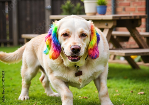 Dog with Colorful Rainbow Hair in Garden