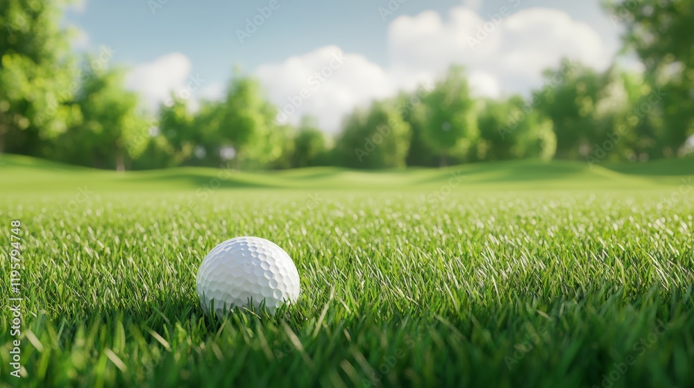 White golf ball is lying on perfectly manicured green grass of a golf course, with blurred trees and a clear sky in the background, creating a serene and inviting atmosphere for a game of golf White golf ball is lying on perfectly manicured green grass of a golf course, with blurred trees and a clear sky in the background, creating a serene and inviting atmosphere for a game of golf