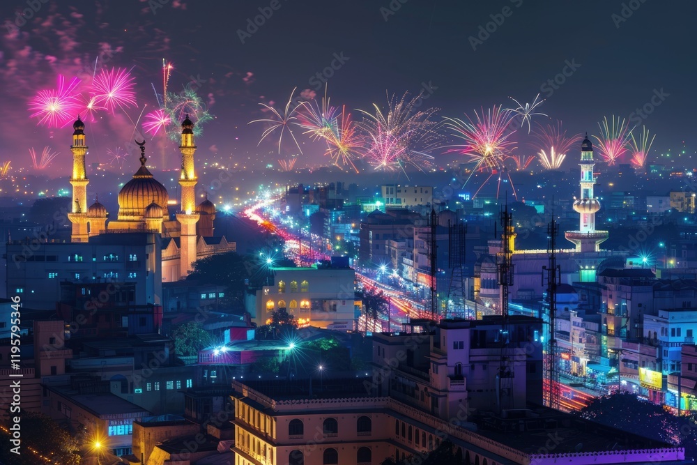 Fototapeta premium Hyderabad city illuminated with Diwali fireworks in India.