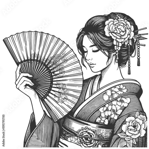  graceful geisha in traditional attire, adorned with flowers and hairpins, holding a decorative fansketch engraving generative ai vector illustration. Scratch board imitation. Black and white image.