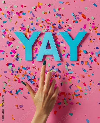 hand showing blue sign YAY against pink background with colorful confetti photo