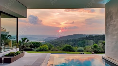 Modern luxury villa with an infinity pool at sunset, offering stunning views and a blend of nature and design.