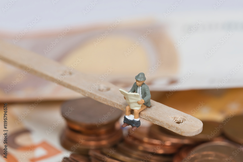 A man is sitting high on a ledge having a bowel movement and reading a newspaper; there is a lot of money underneath him A man is sitting high on a ledge having a bowel movement and reading a newspaper; there is a lot of money underneath him