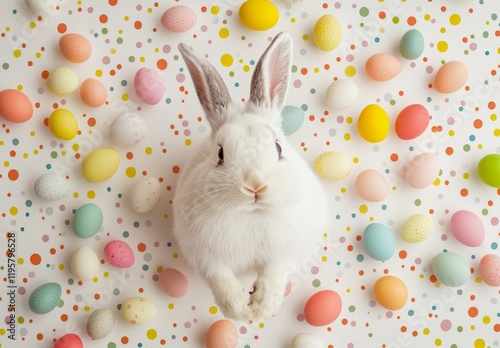 A cute white rabbit explores a stunning array of Easter eggs laid out in a kaleidoscope of colors, invoking a sense of wonder and delight during the festive spring season. photo