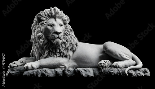 Black and white photorealistic studio portrait of a male lion on a black background.