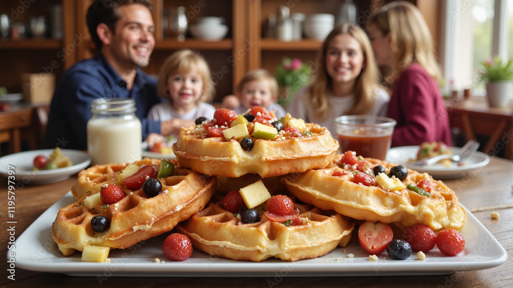 Family Enjoying Breakfast with Waffles, Berries and Syrup, Happy Morning Scene Family Enjoying Breakfast with Waffles, Berries and Syrup, Happy Morning Scene