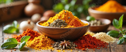 Aromatic spices arranged in colorful heaps conveying a sense of abundance and cultural richness highlighting culinary traditions, with a warm wooden background and green herbs photo