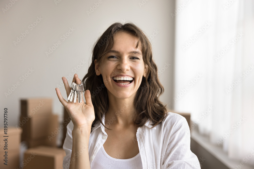Happy homeowner woman, buyer of first property, showing bunch of keys at camera, feel excited, celebrate relocation day, relish moment, dream come true. Bank loan for young people, tenancy, renting Happy homeowner woman, buyer of first property, showing bunch of keys at camera, feel excited, celebrate relocation day, relish moment, dream come true. Bank loan for young people, tenancy, renting