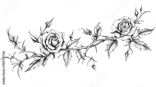 Monochrome rose vine tattoo design, isolated, white background, floral art
