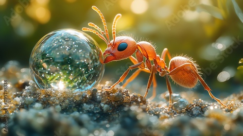 Delicate Balance: An Ant's Droplet Discovery, 繊細なバランス:アリの雫の発見.Generative AI photo