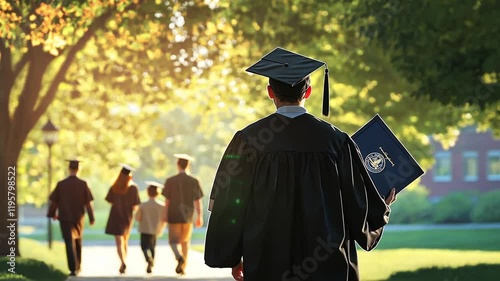 Graduate walking away from family in sunlight.
