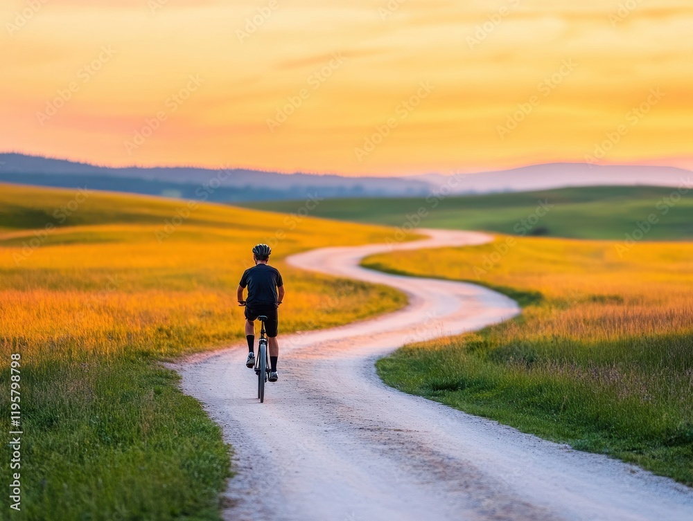 A cyclist rides along a winding path at sunset, surrounded by golden fields and serene countryside scenery. A cyclist rides along a winding path at sunset, surrounded by golden fields and serene countryside scenery.