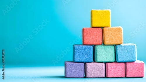 Colorful blocks pyramid on blue background; growth concept photo