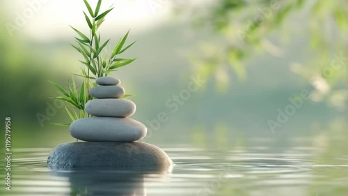 Beautiful green nature background for spa accented by solar lighting, with balanced stones and bamboo