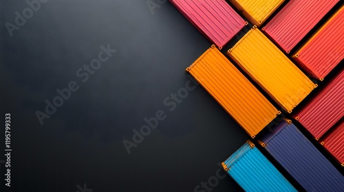 Colorful shipping containers arranged on dark background, illustrating global trade and logistics