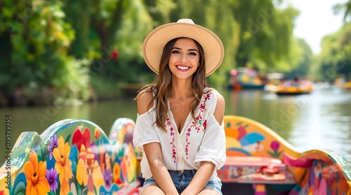 Smiling Tourist Enjoying a Vibrant Boat Ride Through Mexico City’s Xochimilco Canals, Surrounded by Floating Gardens (Travel)