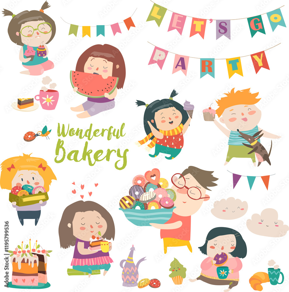 Funny cartoon children and sweets. Vector isolated illustration Funny cartoon children and sweets. Vector isolated illustration