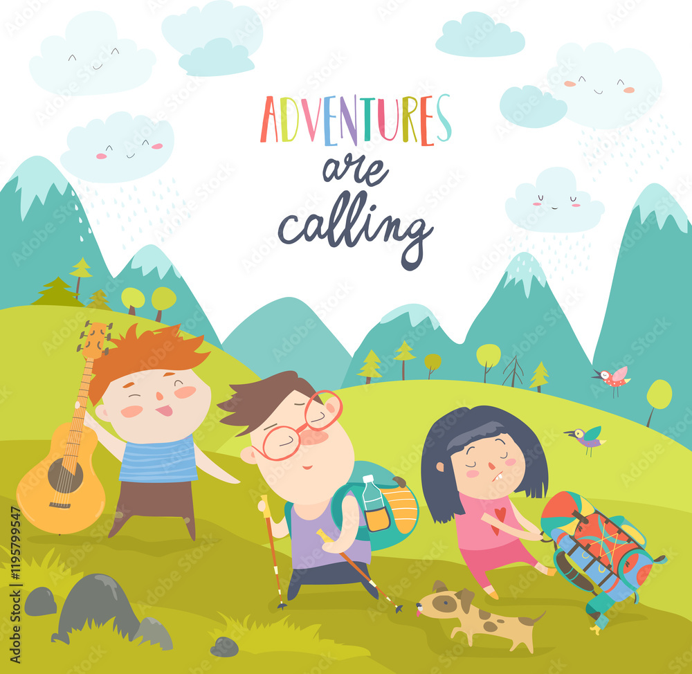 Kids hiking up the mountain. Vector illustration