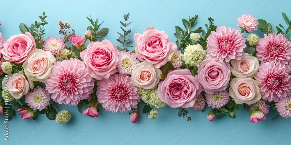 Elegant rose flowers arranged on a bright blue pastel background, emphasizing beauty and grace. Great for feminine, festive, or lifestyle designs. Elegant rose flowers arranged on a bright blue pastel background, emphasizing beauty and grace. Great for feminine, festive, or lifestyle designs.