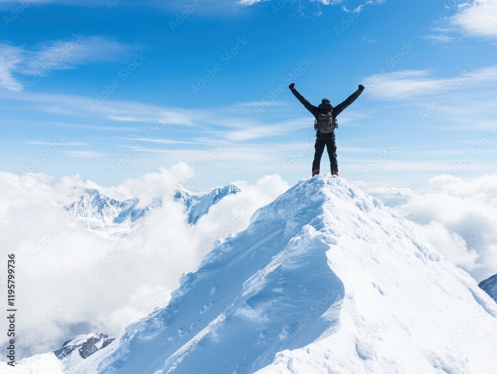 A triumphant climber standing at the summit, arms raised in joy against a backdrop of majestic snow-capped mountains and clear skies. A triumphant climber standing at the summit, arms raised in joy against a backdrop of majestic snow-capped mountains and clear skies.