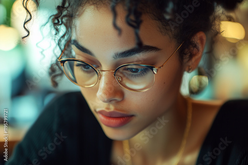 Young diverse successful businesswoman freelancer working on laptop against cozy cafe background.
