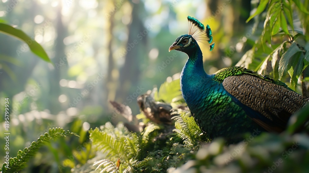 Peacock in lush jungle, sunlight, calm. Nature background, wildlife poster Peacock in lush jungle, sunlight, calm. Nature background, wildlife poster