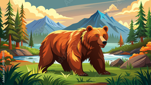 powerful grizzly bear walking on grass wildlife predator in natural habitat brown bear roaming through the forest wilderness environment