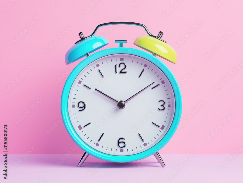 A vibrant retro alarm clock against a pastel pink background, perfect for adding a playful touch to any interior design. A vibrant retro alarm clock against a pastel pink background, perfect for adding a playful touch to any interior design.