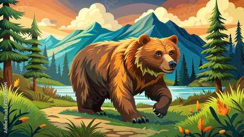 powerful grizzly bear walking on grass wildlife predator in natural habitat brown bear roaming through the forest wilderness environment