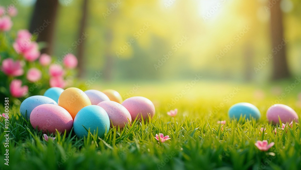 Fototapeta premium Multicolored Easter eggs lie on the green grass. Easter, the egg hunt.