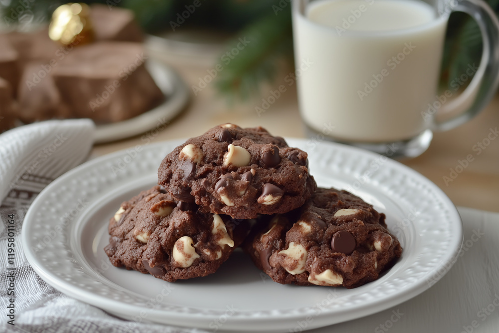 Chocolate chip cookies served on white plate with glass of milk against kitchen background. Delicious freshly baked snack. Chocolate chip cookies served on white plate with glass of milk against kitchen background. Delicious freshly baked snack.